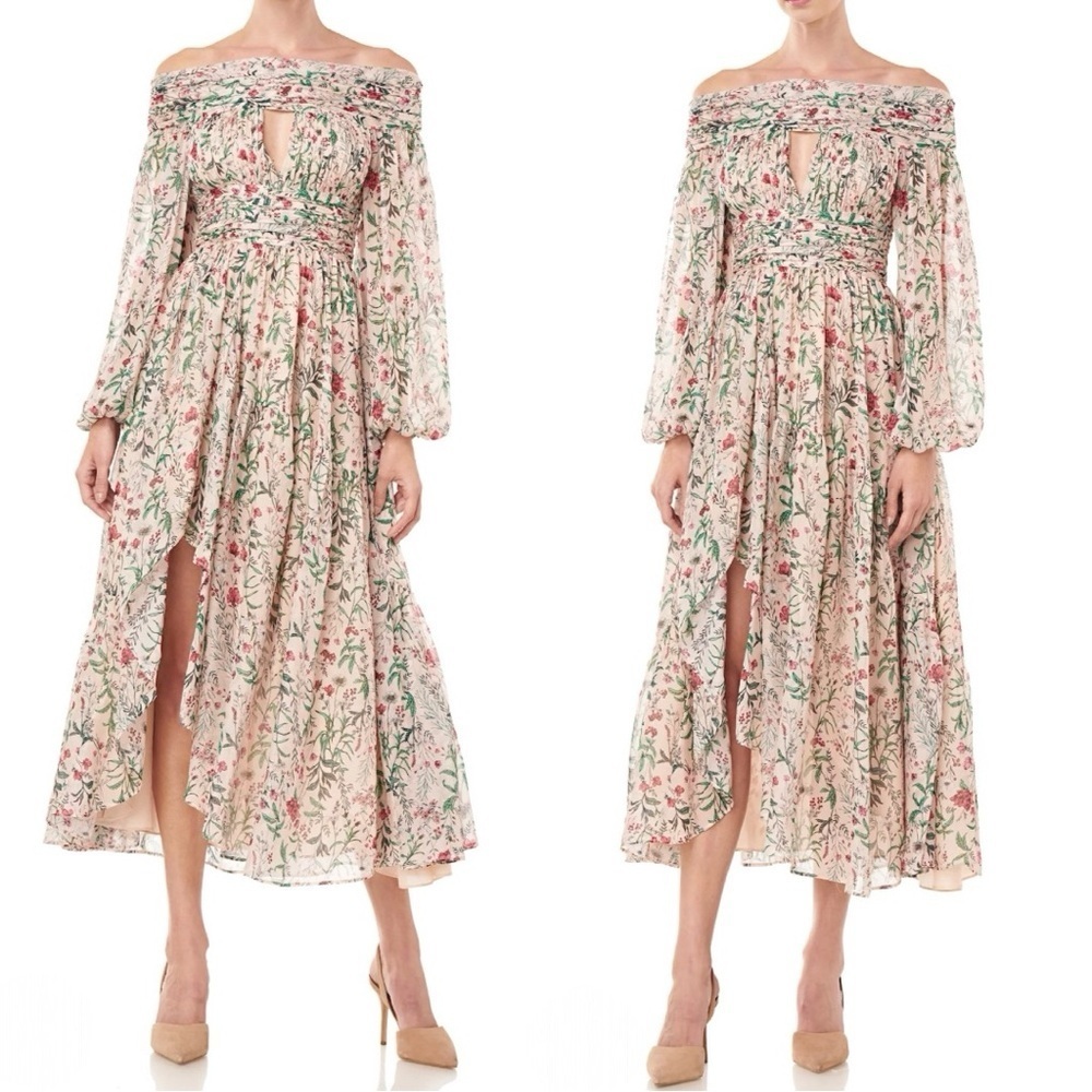 AMUR Daria Silk Blush Multi Wildflower Off The Shoulder Long Sleeve MIDI Dress